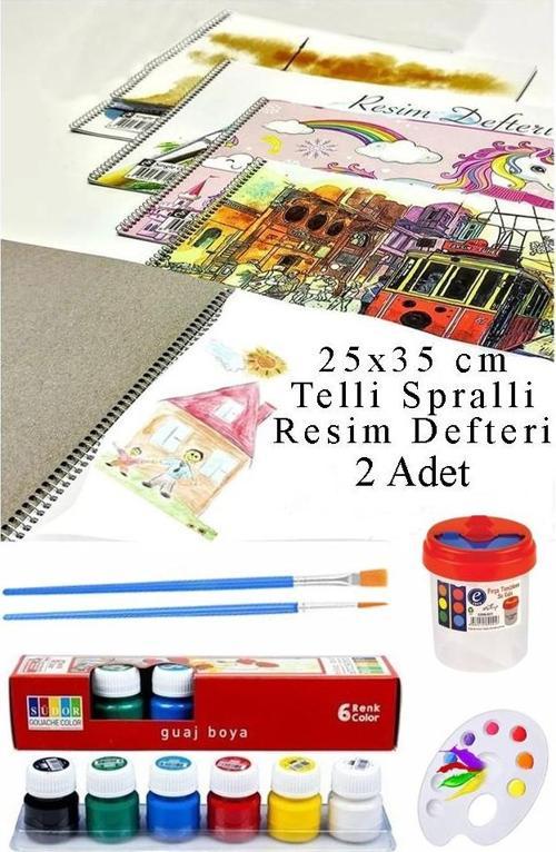 6 Renk Guaj Boya Südor 25x35 cm Telli Spralli Resim Defteri Palet Resim Fırçası 15 Yaprak Guajboya Resim Defteri