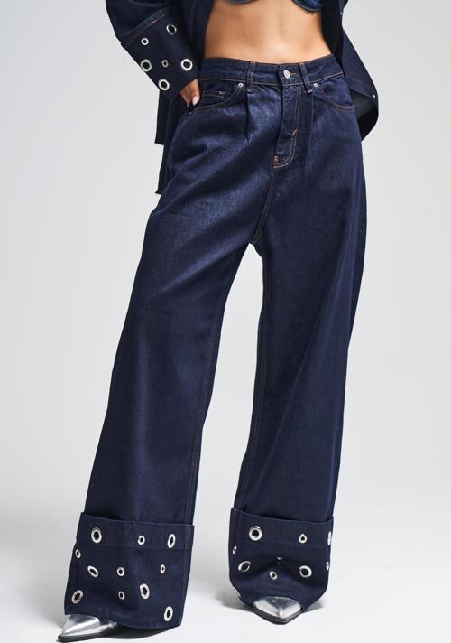 Kadın İndigo Renk 7w5-50 Süper Baggy Fit Özel Viskon Kumaş Kuş Gözü Detaylı Denim Jean