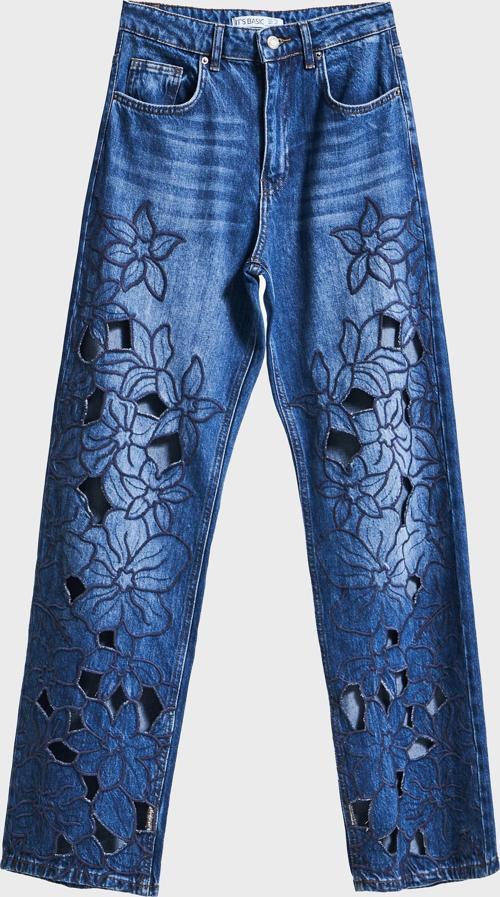 Kadın Koyu Mavi Renk 2w5-5 Loose Fit Viskon Kumaş Çiçek Desen Nakışlı Özel Tasarım Orta Bel Denim Jean