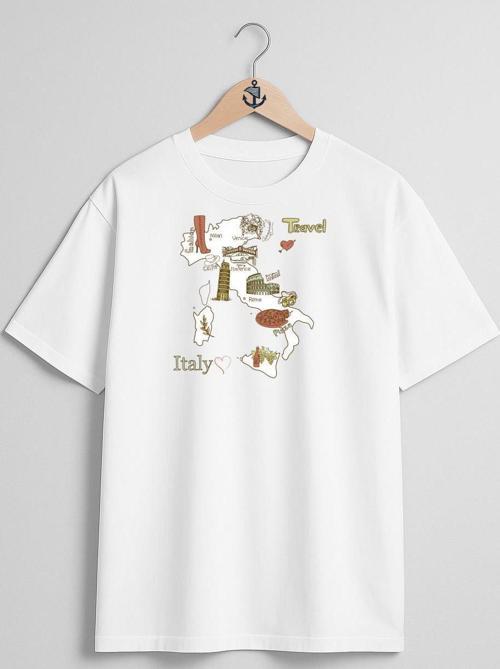 Oversize İtalya Haritası Ve Turistik Yerler Göğüs Tasarımlı Unisex T-Shirt