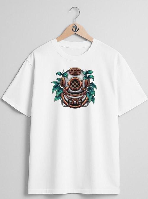 Oversize Dalgıç Diving Helmet With Plant İllustration Göğüs Tasarımlı Unisex T-Shirt