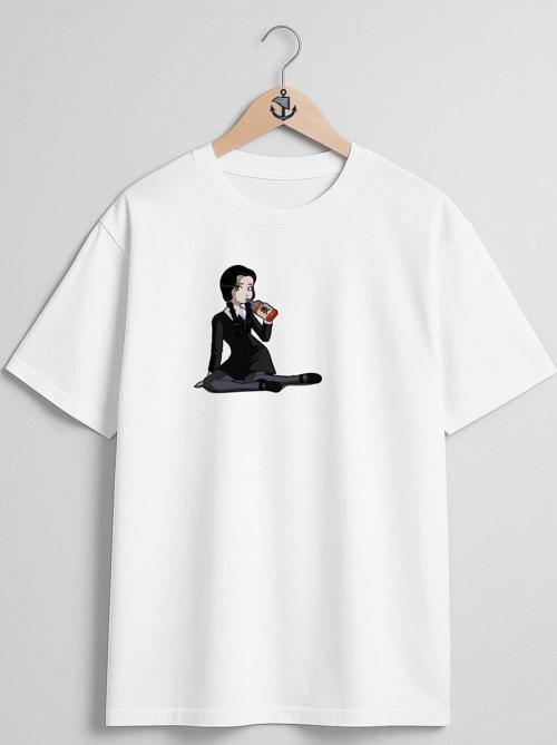 Oversize Wednesday Addams Morticia Addams Thing Drawing Göğüs Tasarımlı Unisex T-Shirt