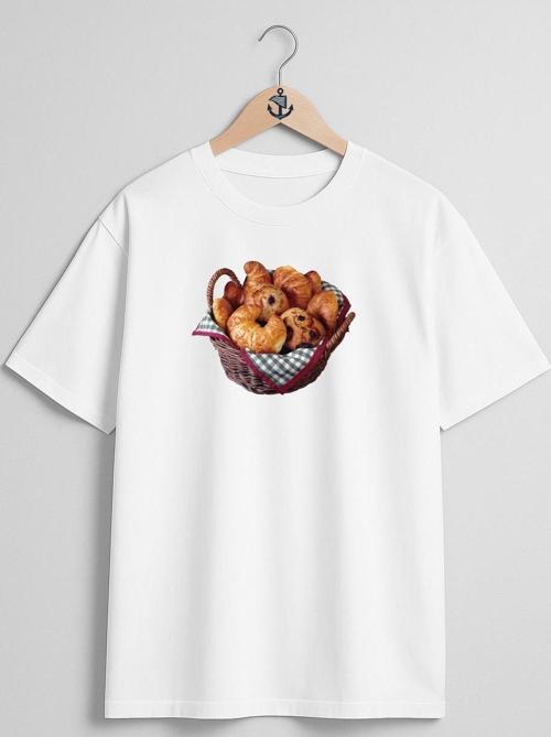 Oversize Croissant Bread Kruvasan Sepeti Göğüs Tasarımlı Unisex T-Shirt