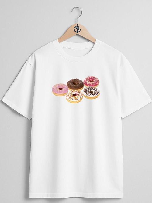 Oversize Donut Ve Kruvasan Göğüs Tasarımlı Unisex T-Shirt