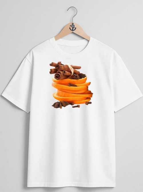 Oversize Kabuk Tarçın Ve Portakal Göğüs Tasarımlı Unisex T-Shirt