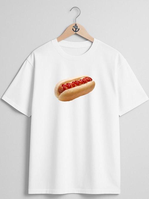 Oversize Sosisli Hotdog Göğüs Tasarımlı Unisex T-Shirt