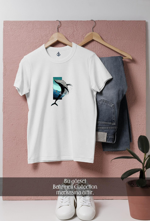 Oversize Whale İllustration Black And White Tasarımlı Unisex T-Shirt