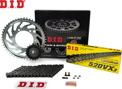 ZİNCİR DİŞLİ SETİ KTM ADVENTURE 390cc ZİNCİR: DID-520VX3 Çelik-118 ÖN-ARKA DİŞLİ: JT 15T-45T 2020-2024
