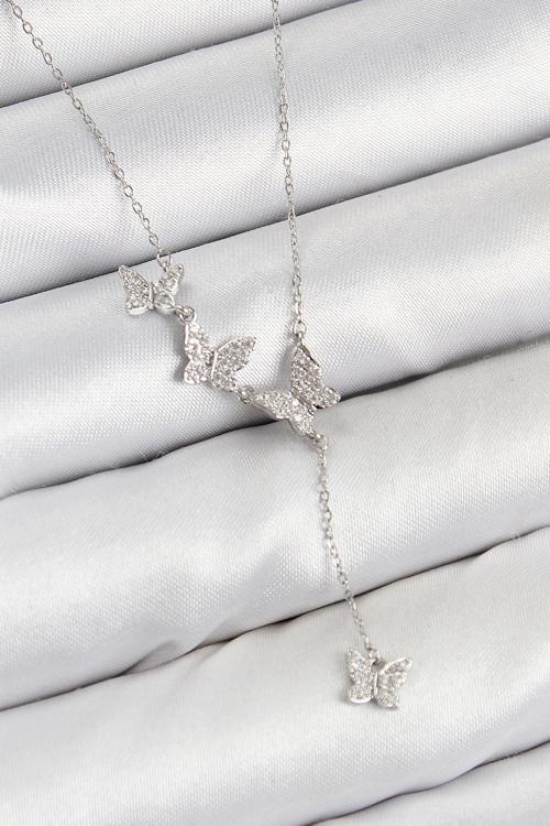 Pirinç Zirkon Taşlı Kelebek Model Gümüş Renk Kadın Kolye