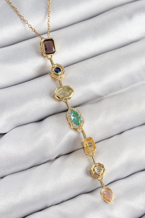 Pirinç Renkli Zirkon Taşlı Model Gold Renk Kadın Y Kolye