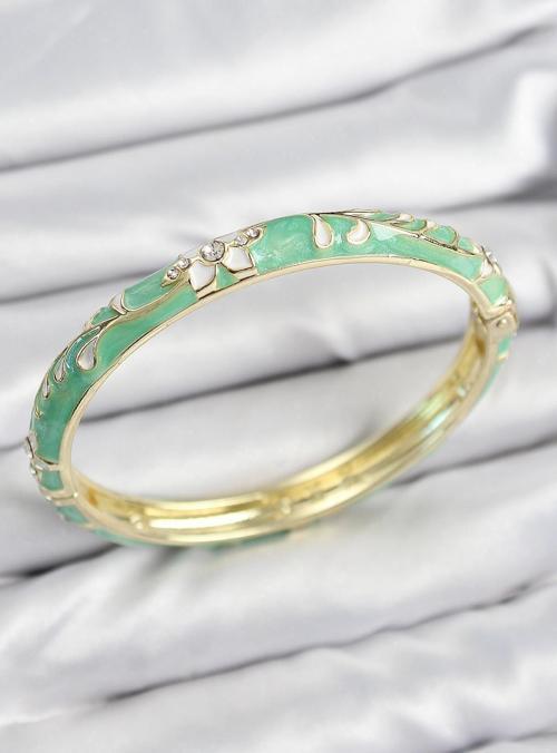 Mineli Pirinç Zirkon Taşlı Yeşil Çiçek Motifli Gold Kadın Kelepçe