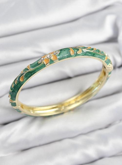 Mineli Pirinç Zirkon Taşlı Yeşil Çiçek Motifli Gold Kadın Kelepçe