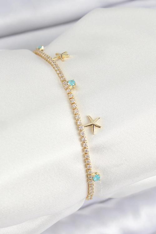 Pirinç Zirkon Taşlı Deniz Yıldızı Model Gold Renk Kadın Bilekilk