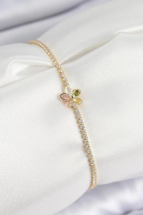 Pirinç Zirkon Taşlı Papatya Model Gold Renk Kadın Bilekilk