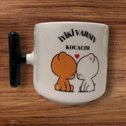 "İyiki Varsın Kocacım" Çift Taraf Baskılı Kupa- Seramik Çay, Kahve Hediyelik Bardağı (Siyah T)