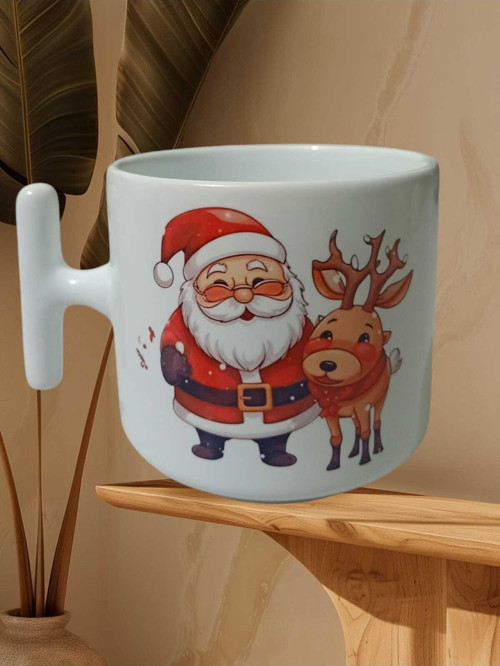 Geyikli Noel Baba Çift Taraf Yazılı Kupa Bardak (Beyaz T)