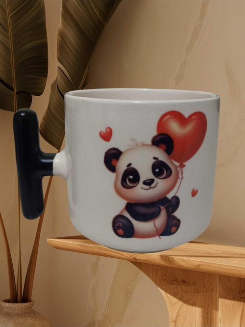 Sevimi Kalpli Panda Çift Taraf Baskılı T Kupa Bardak (Beyaz T)