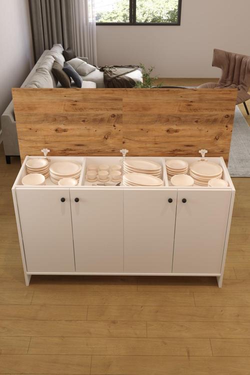 Ae-2080 Patentli Ayder Mutfak Adası Bar Masası Yemek Masası Dolaplı, Beyaz/Çam Raflı, Çok Amaçlı