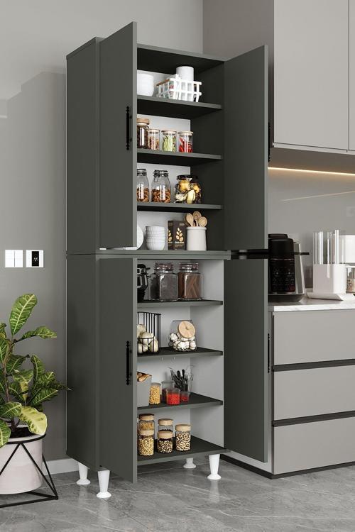 Ae-2086 Bala Antrasit Çok Amaçlı Mutfak Dolabı&Banyo Dolabı, Kiler, 4 Kapaklı, Raflı, Ayaklı