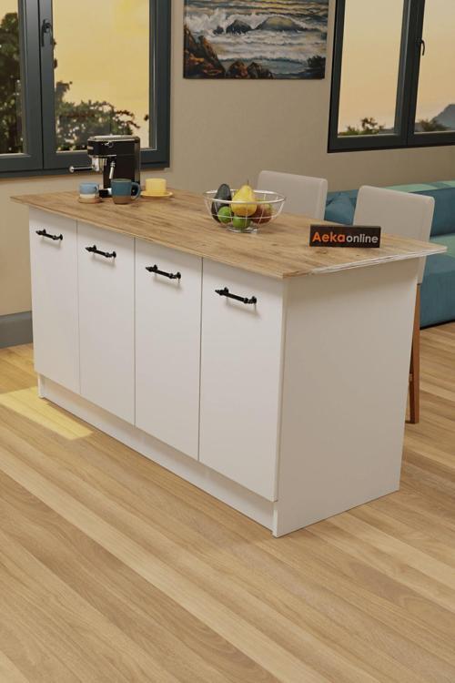 Ae-2040 Vera Mutfak Adası Bar Masası Yemek Masası Dolaplı, Beyaz/Çam Raflı, Çok Amaçlı 160 Cm