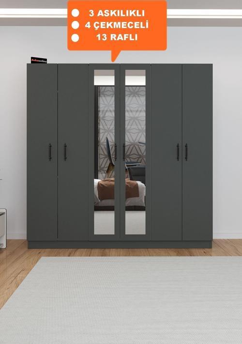 Ae-2116 Kale Aynalı Antrasit, 6 Kapaklı Gardırop, 13 Raflı, 3 Askılıklı 180 Cm Dolap