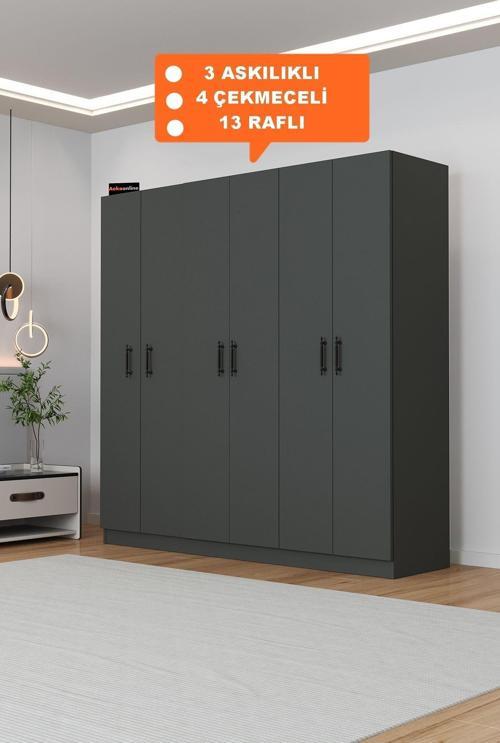 Ae-2115 Kale Antrasit Gri Gardırop 6 Kapaklı, 4 Çekmeceli, 3 Askılıklı, 13 Raflı Dolap