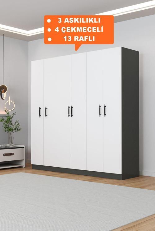 Ae-2115 Kale Antrasit/Beyaz Gardırop 6 Kapaklı, 4 Çekmeceli, 3 Askılıklı, 13 Raflı Dolap