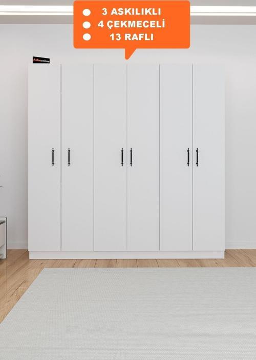 Ae-2115 Kale Beyaz Gardırop 6 Kapaklı, 4 Çekmeceli, 3 Askılıklı, 13 Raflı Dolap