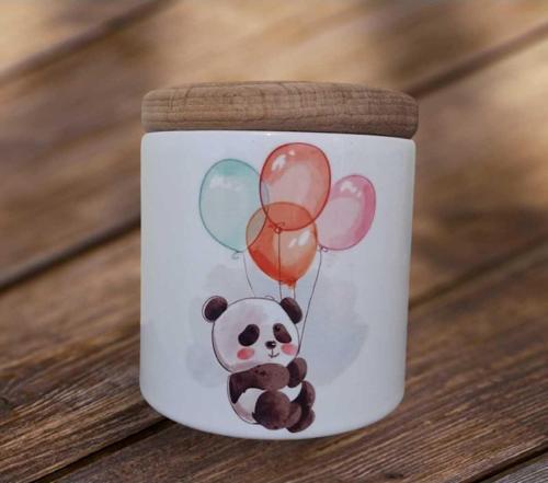 Sevimli Panda Baskılı Seramik Ahşap Kapaklı Kalemlik