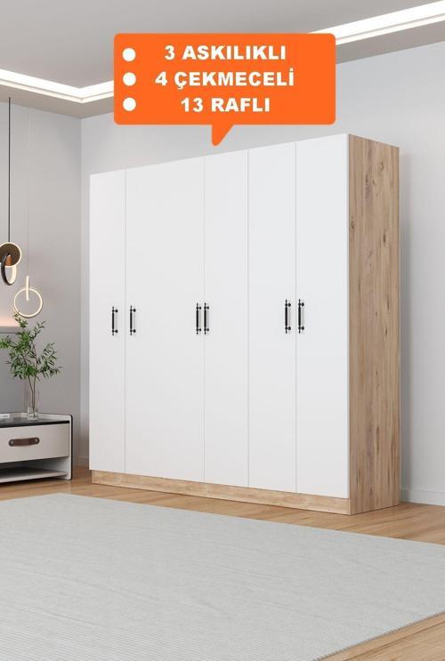 Ae-2115 Kale Sonomo/Beyaz Gardırop 6 Kapaklı, 4 Çekmeceli, 3 Askılıklı, 13 Raflı Dolap