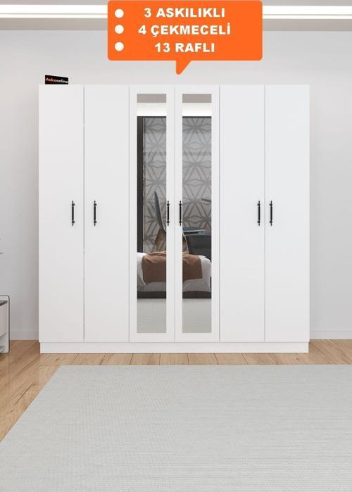 Ae-2116 Kale Aynalı Beyaz, 6 Kapaklı Gardırop, 13 Raflı, 3 Askılıklı 180 Cm Dolap