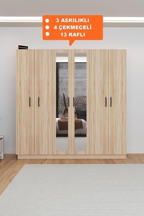 Ae-2116 Kale Aynalı Sonomo, 6 Kapaklı Gardırop, 13 Raflı, 3 Askılıklı 180 Cm Dolap