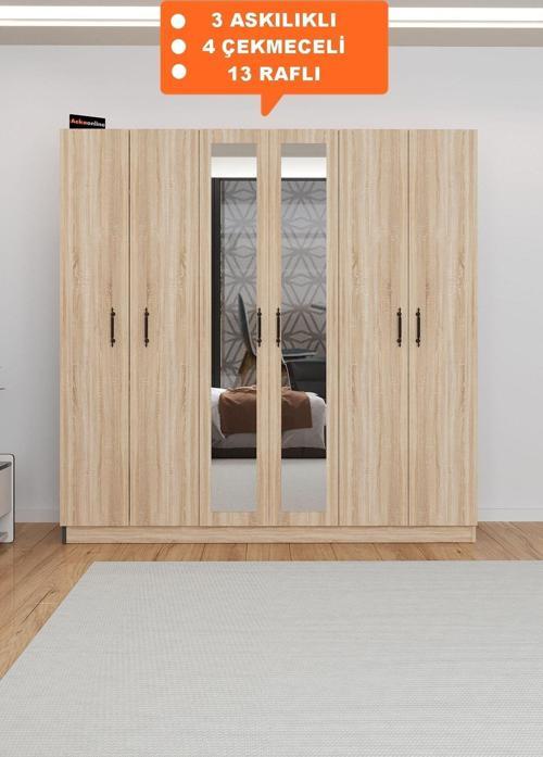 Ae-2116 Kale Aynalı Sonomo, 6 Kapaklı Gardırop, 13 Raflı, 3 Askılıklı 180 Cm Dolap