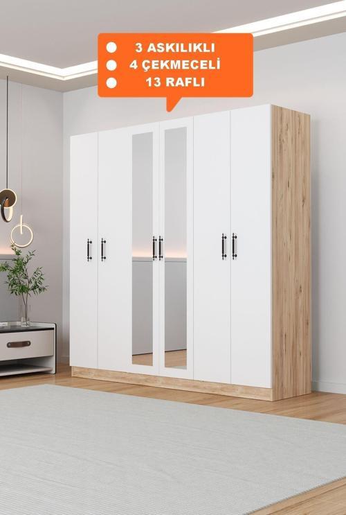 Ae-2116 Kale Aynalı Sonomo/Beyaz, 6 Kapaklı Gardırop, 13 Raflı, 3 Askılıklı 180 Cm Dolap