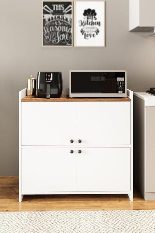 Ae-3060 Forum Beyaz/Çam 4 Kapaklı, 4 Raflı, Çok Amaçlı Dolap,Ayakkabılık, Kahve Köşesi,