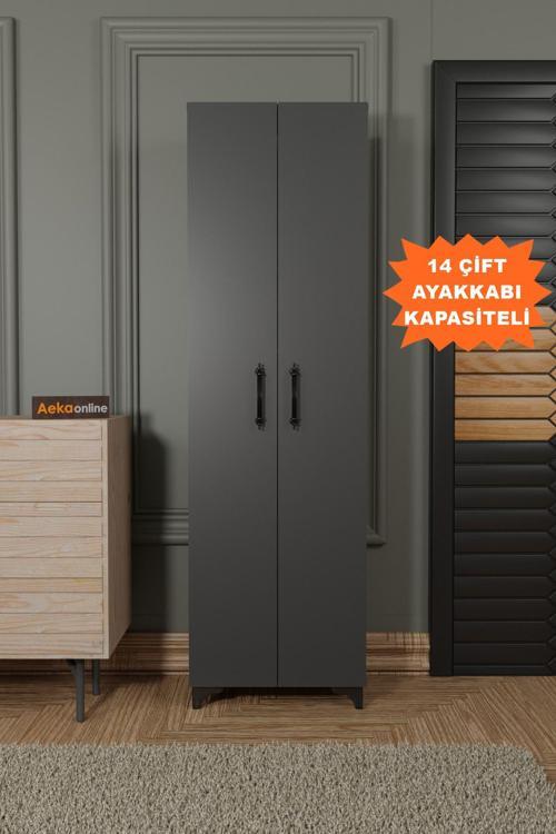 Ae-3085 Selen Antrasit Ayakkabılık, 7 Raflı, Ayaklı, 2 Kapaklı Çok Amaçlı Dolap, Kiler Dolabı
