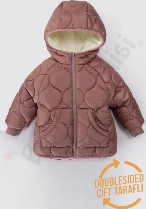 Çift Taraflı Fermuarlı İçi Peluş Kürklü Şişme Cepli Kar Kapüşonlu Kışlık Kız Bebek Mont Çocuk Kaban