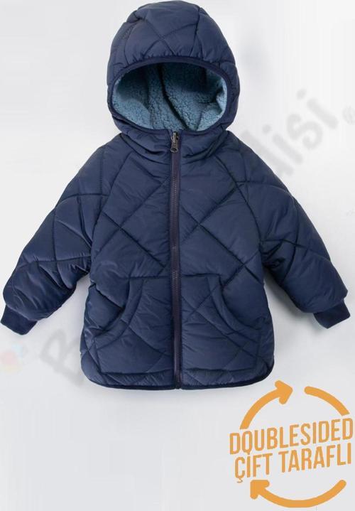 Çift Taraflı Peluş Kürklü Şişme Fermuarlı Cepli Kar Kapüşonlu Kışlık Erkek Bebek Mont Çocuk Kaban