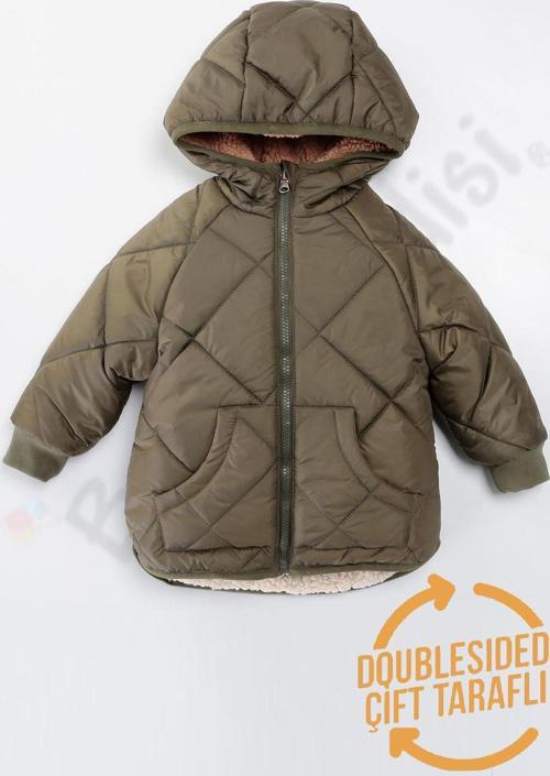 Çift Taraflı Peluş Kürklü Şişme Fermuarlı Cepli Kar Kapüşonlu Kışlık Erkek Bebek Mont Çocuk Kaban