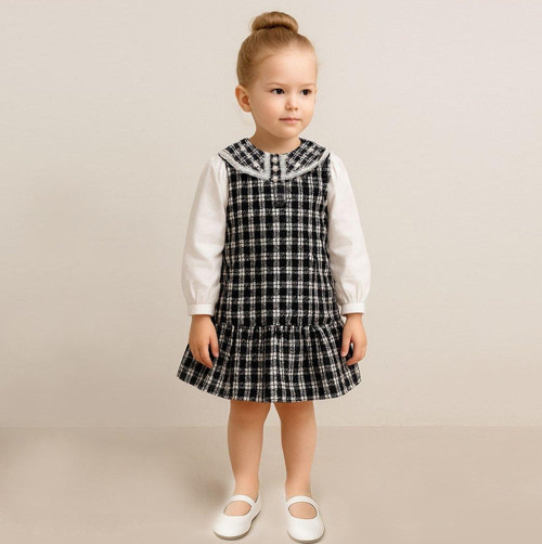 Kız Çocuk Ekose Desenli Tuvit Kumaş Elbise %100 Pamuk
