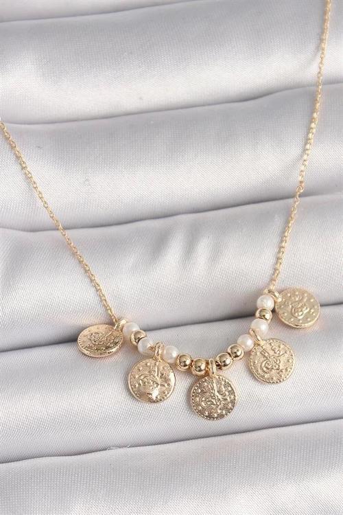 Pirinç Gold Renk 5'Li Osmanlı Tuğra Figür İnci Detay Kadın Kolye