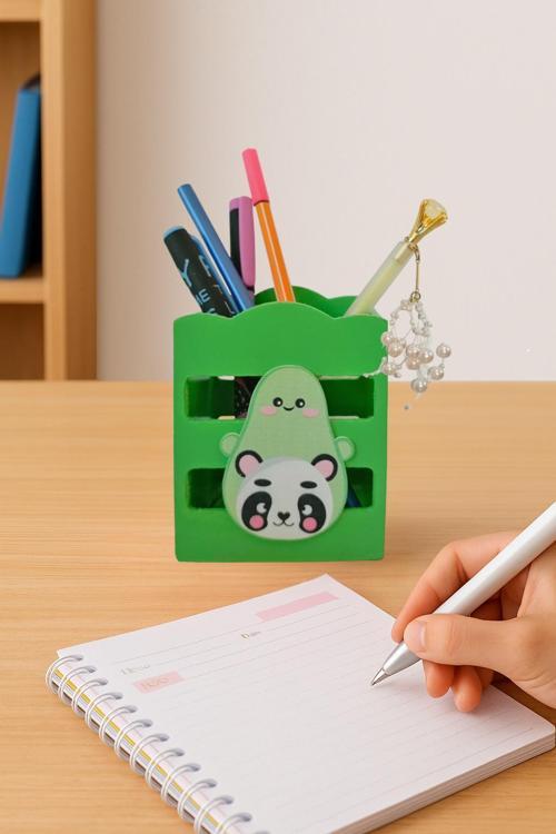 Ahşap Masaüstü Kalemlik Sevimli Avakado Panda Yeşil- 1 Adet