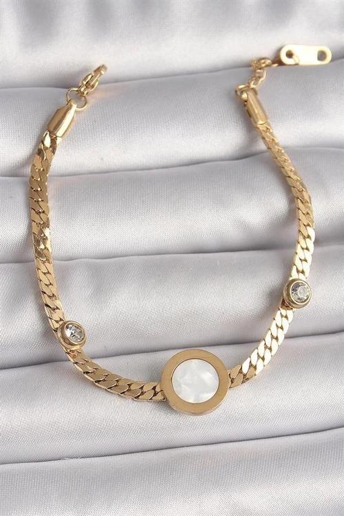 316L Çelik Gold Renk Yassı Zincir Model Zirkon Taş Detaylı Beyaz Mineli Madalyon Model Kadın Bilekli