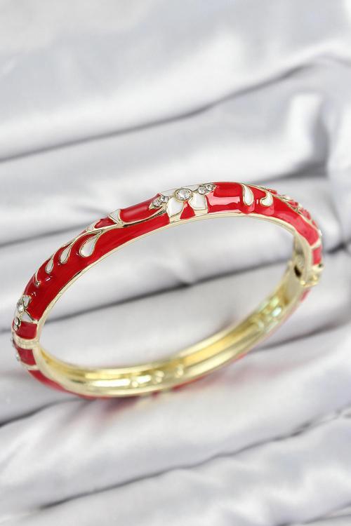 Mineli Pirinç Zirkon Taşlı Kırmızı Çiçek Motifli Gold Kadın Kelepçe - EBJ250802W37103