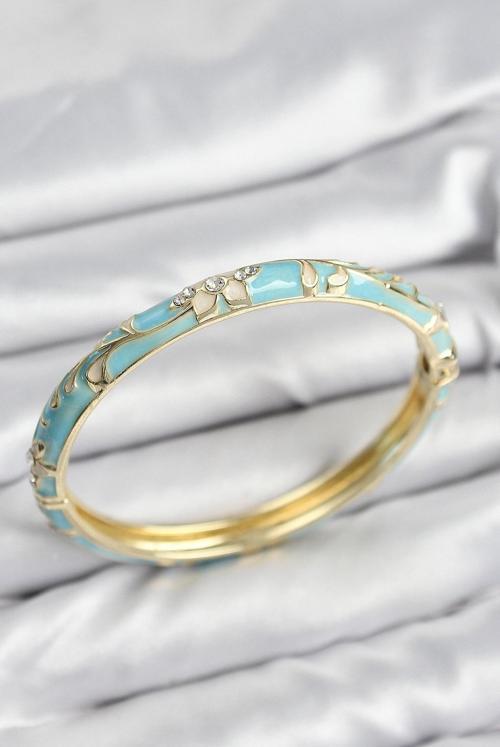 Mineli Pirinç Zirkon Taşlı Turkuaz Çiçek Motifli Gold Kadın Kelepçe - EBJ250802W36973