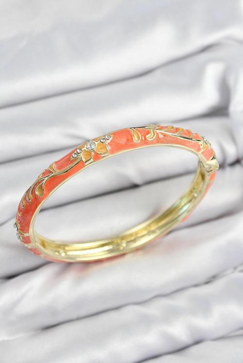 Mineli Pirinç Zirkon Taşlı Turuncu Çiçek Motifli Gold Kadın Kelepçe - EBJ250802W37105