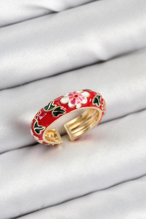 Pirinç Kırmızı Mineli Çiçek Motifli Gold Renk Ayarlanabilir Kadın Yüzük - EBJ250802W37060
