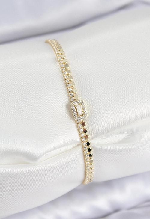 Pirinç Zirkon Taşlı Ezme Zincirli Baget Model Gold Renk Kadın Bilekilk - EBJ250802W37116