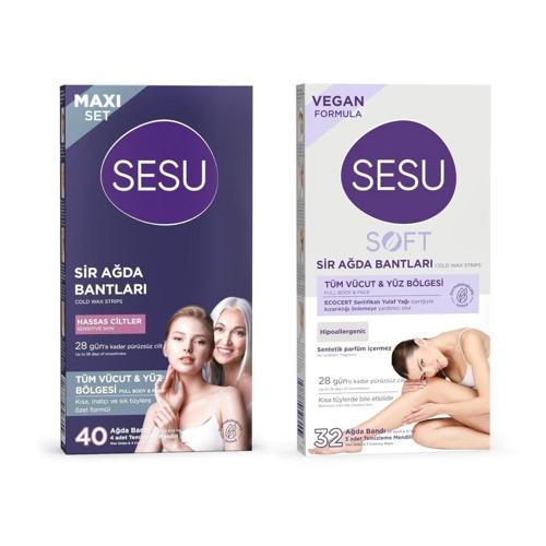 Maxi Set Tüm Vücut & Yüz Bölgesi Sir Ağda Bantları Hassas 40 lı + Soft 32 li