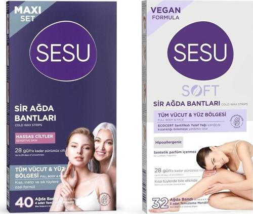 Maxi Set Tüm Vücut & Yüz Bölgesi Sir Ağda Bantları Hassas 40 lı + Soft 32 li